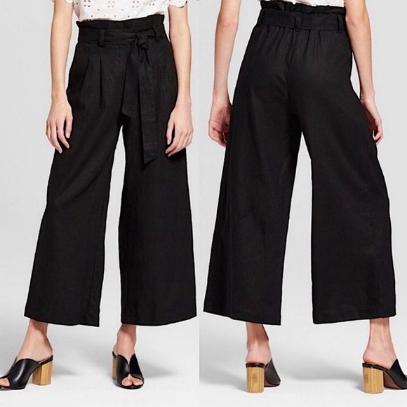 Who What Wear Black Linen Blend Paper Bag Waist Belted Pant Size 10 - Picture 2 of 5